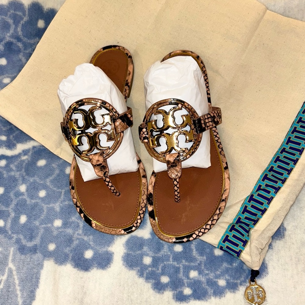 Tory Burch Metal Miller Stamp Snake Printed Leather Sandal Blush Roccia US 7